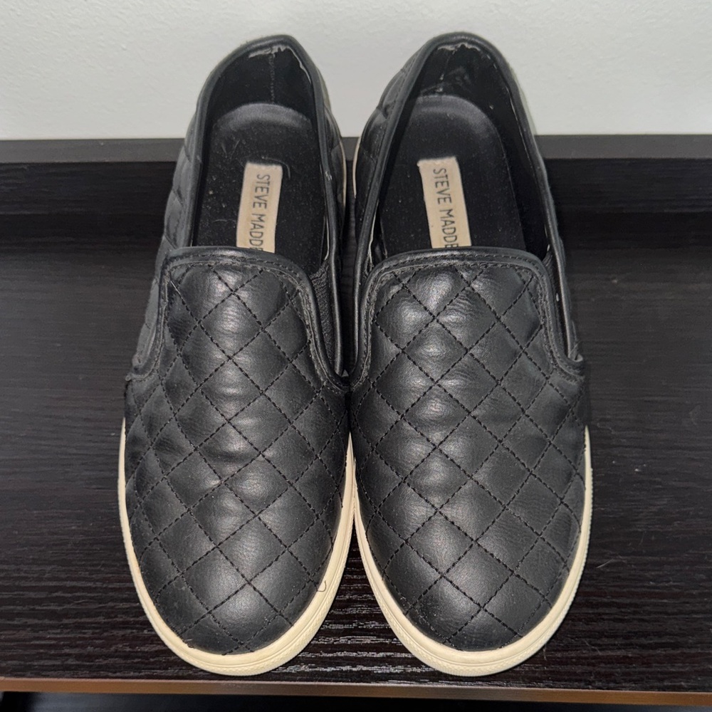 Steve Madden Black Quilted Slip-On Sneakers with Cream Sole
